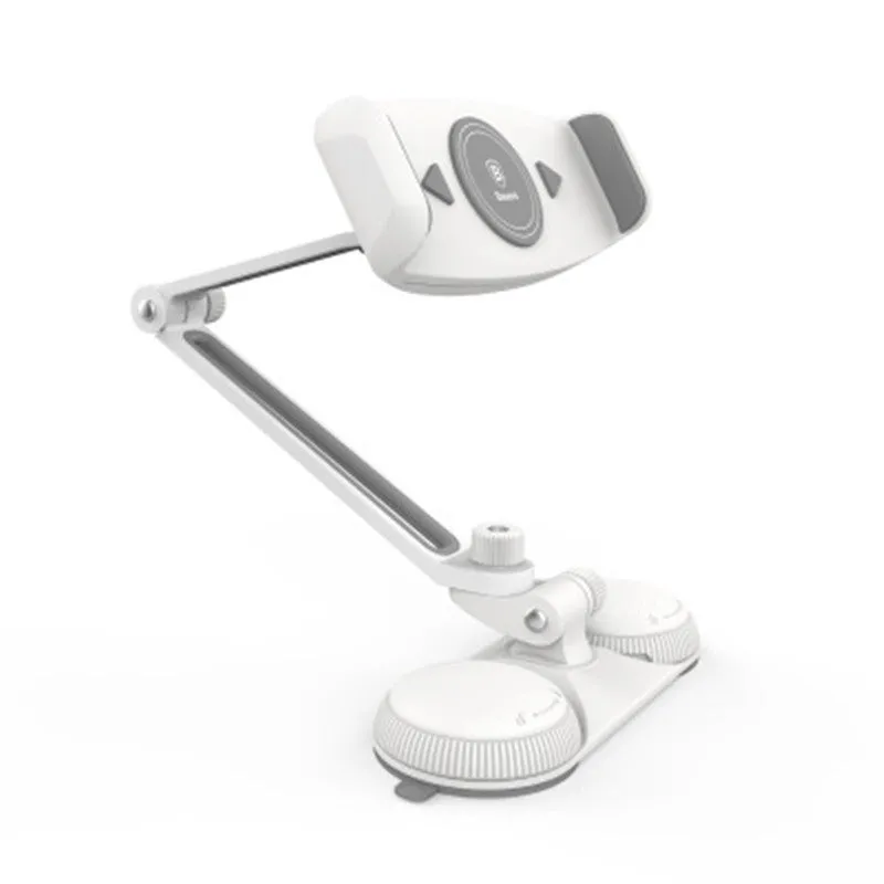 Aluminum alloy sucker bracket with double suction cup holding a tablet on a smooth surface, multi-angle rotation visible