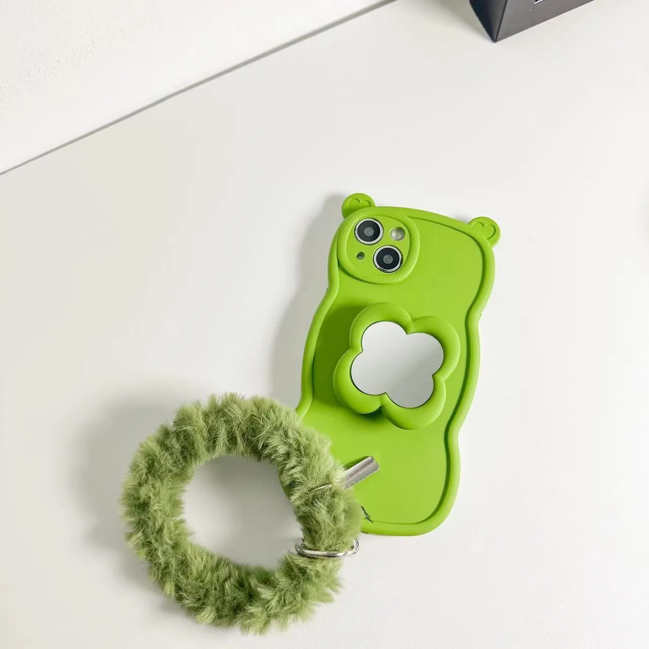 Silicone mirror bracket phone case with plush ring for iPhone, available in green, rose red, white, wine red