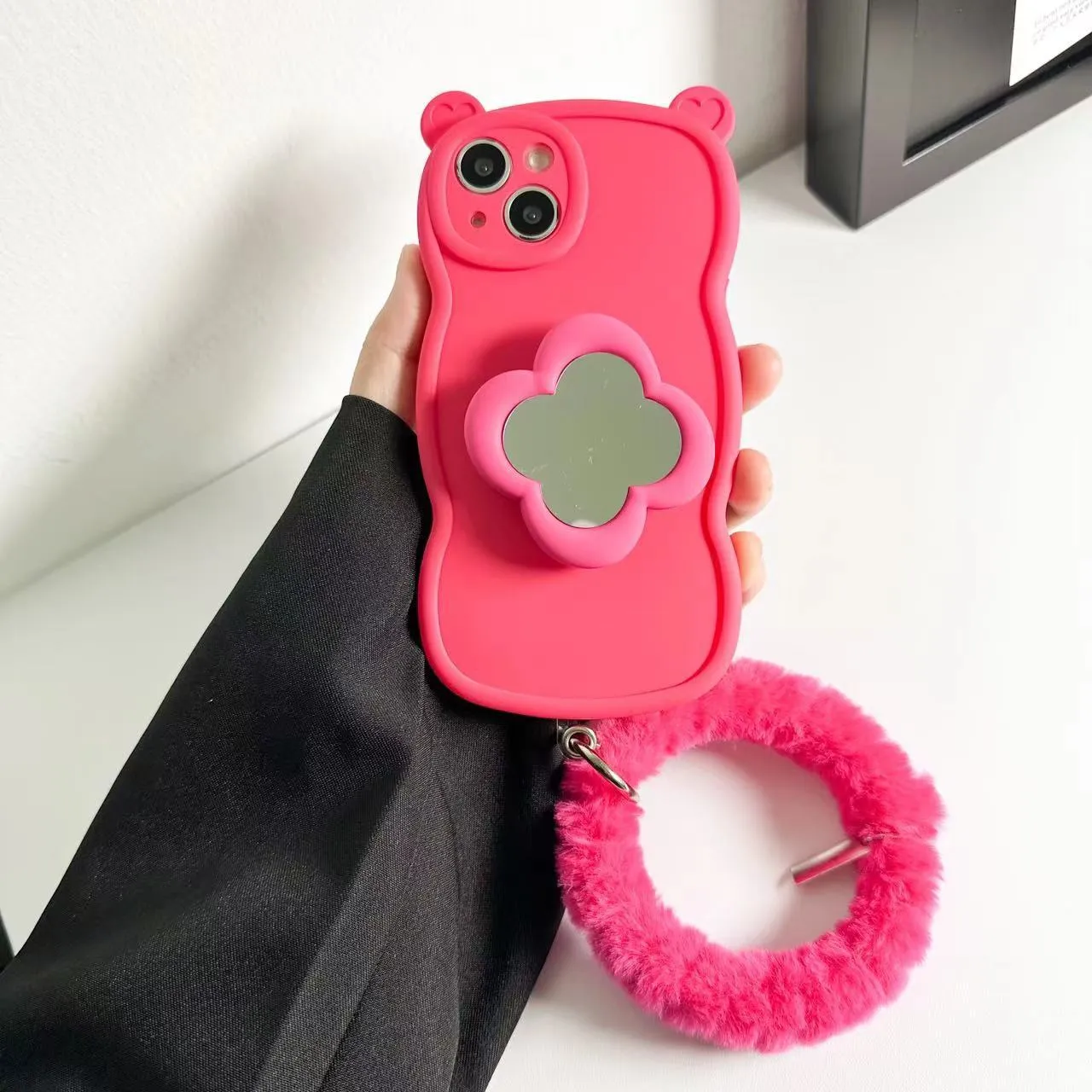 Silicone mirror bracket phone case with plush ring for iPhone, available in green, rose red, white, wine red