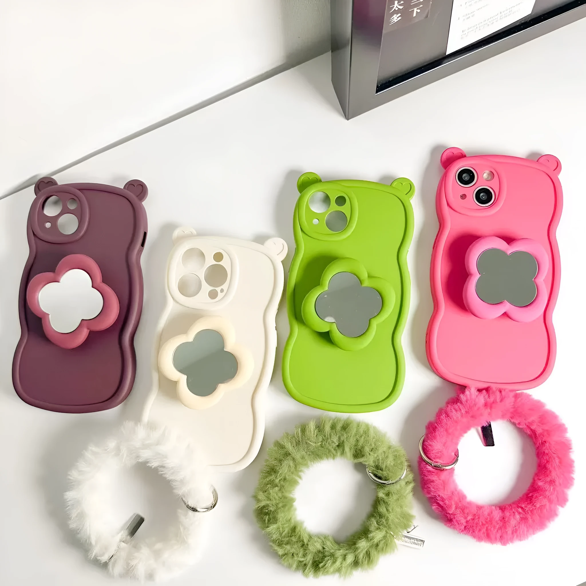 Silicone mirror bracket phone case with plush ring for iPhone, available in green, rose red, white, wine red