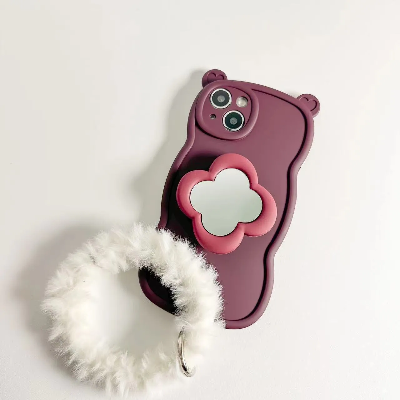 Silicone mirror bracket phone case with plush ring for iPhone, available in green, rose red, white, wine red