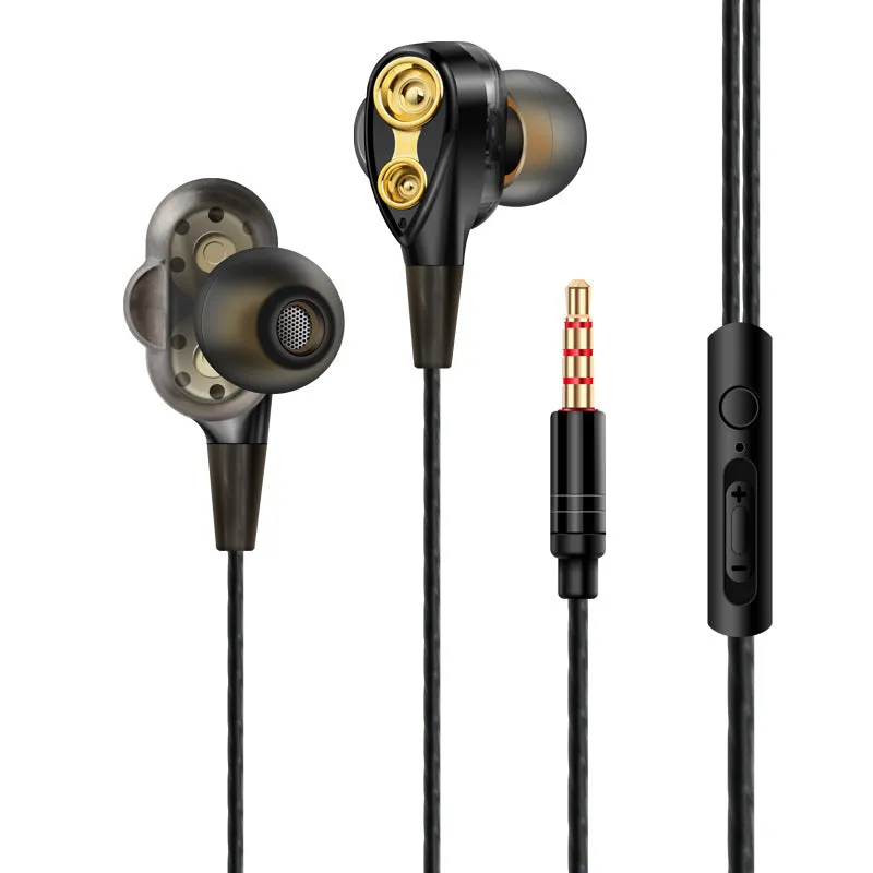 Red quad core dual dynamic metal subwoofer in-ear headphones with 3.5mm cable and inline microphone