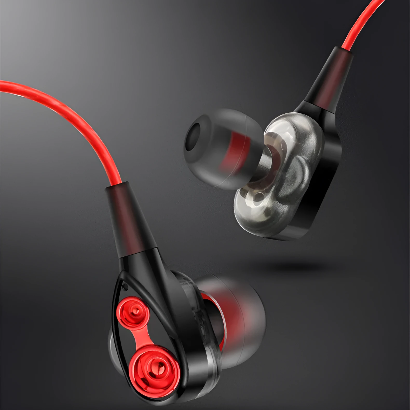 Red quad core dual dynamic metal subwoofer in-ear headphones with 3.5mm cable and inline microphone