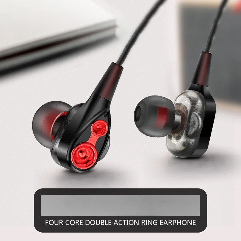 Red quad core dual dynamic metal subwoofer in-ear headphones with 3.5mm cable and inline microphone