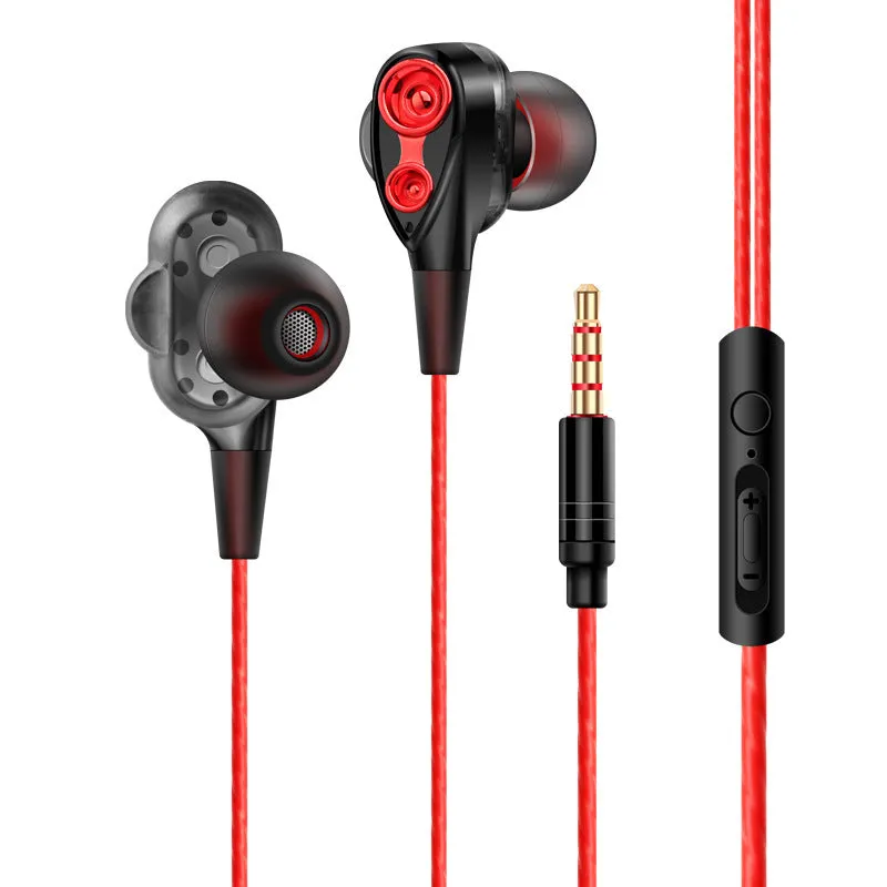 Red quad core dual dynamic metal subwoofer in-ear headphones with 3.5mm cable and inline microphone