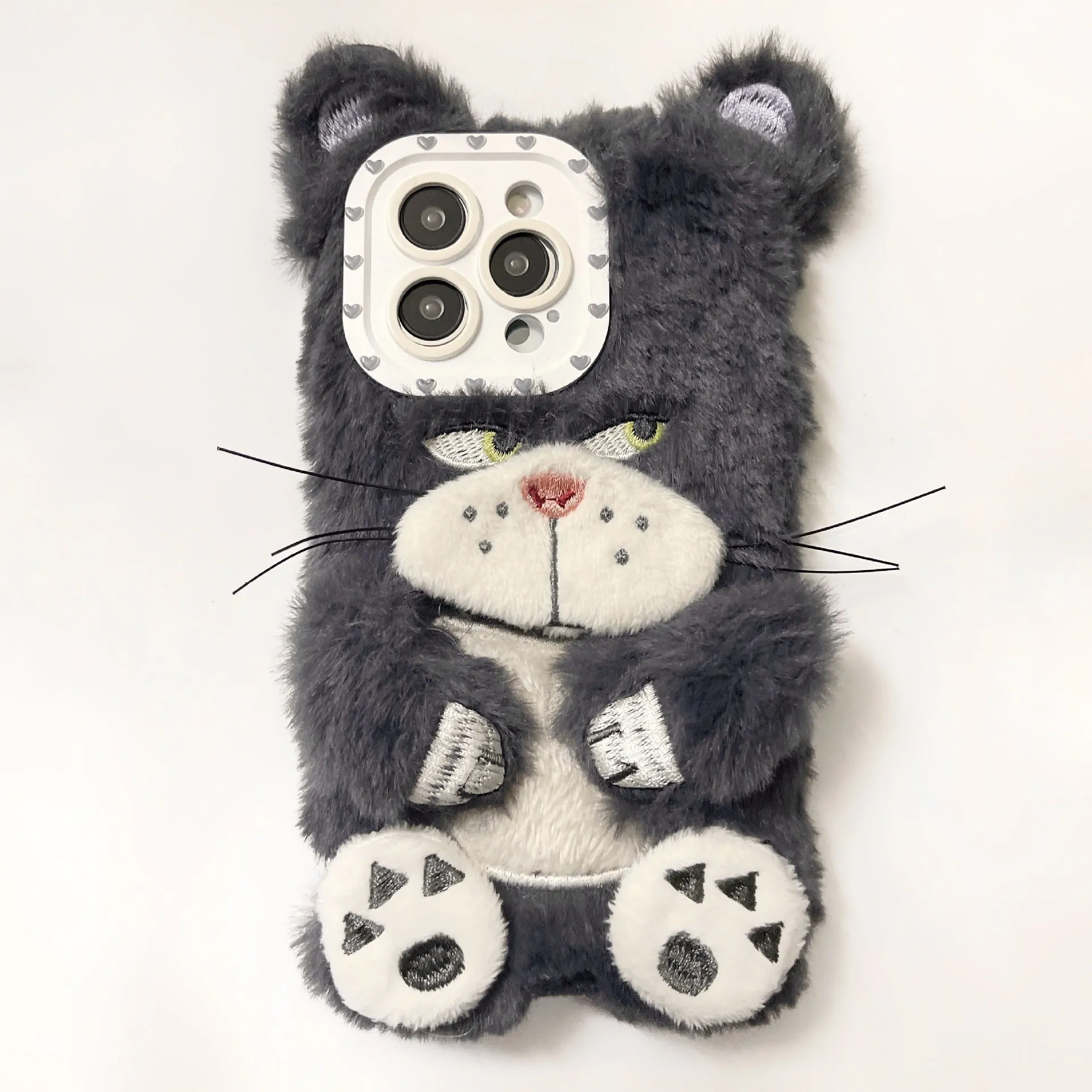 Plush staring cat phone case for iPhone with soft furry texture and love lens design