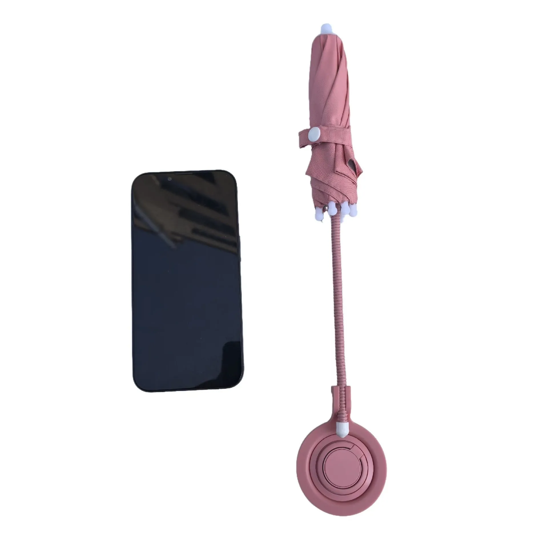 Magnetic retractable phone umbrella bracket with 6 iron bones, 210T NC fabric canopy, silver glue coating, black colour, side view