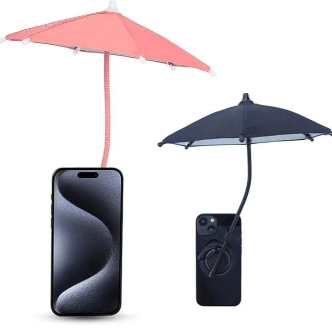 Magnetic retractable phone umbrella bracket with 6 iron bones, 210T NC fabric canopy, silver glue coating, black colour, side view