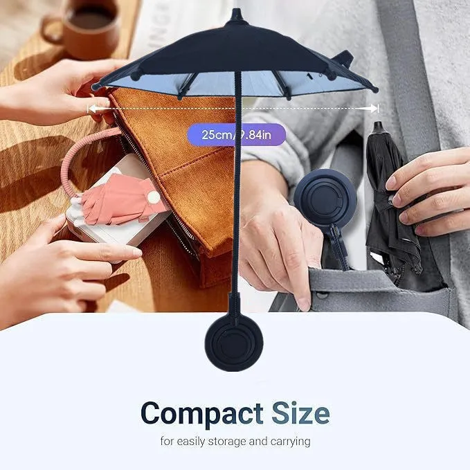 Magnetic retractable phone umbrella bracket with 6 iron bones, 210T NC fabric canopy, silver glue coating, black colour, side view