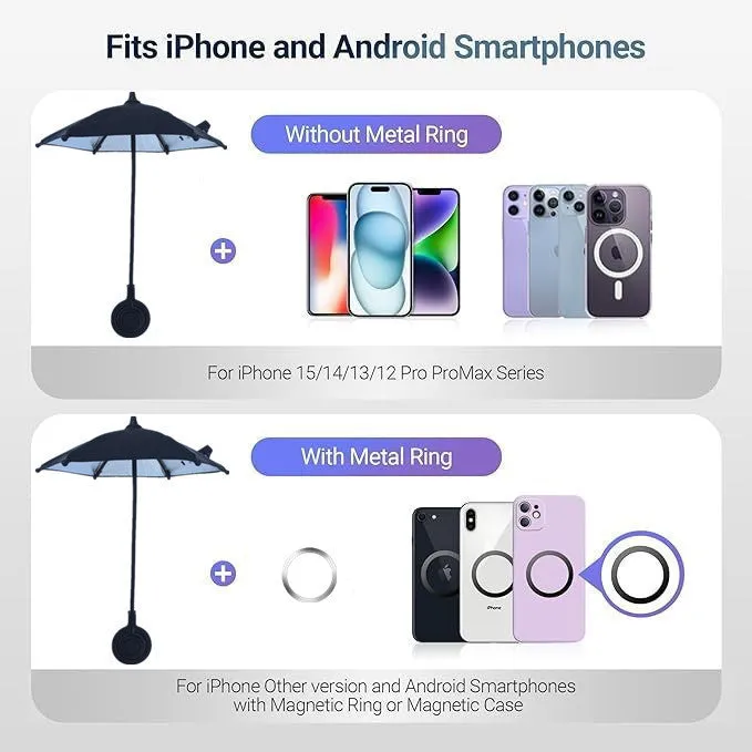 Magnetic retractable phone umbrella bracket with 6 iron bones, 210T NC fabric canopy, silver glue coating, black colour, side view