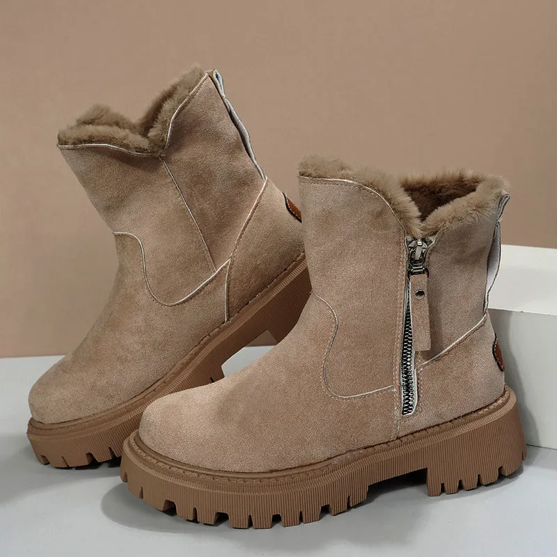 Women's black faux suede high-top snow boots with side zip and thick faux fur lining visible at the ankle.