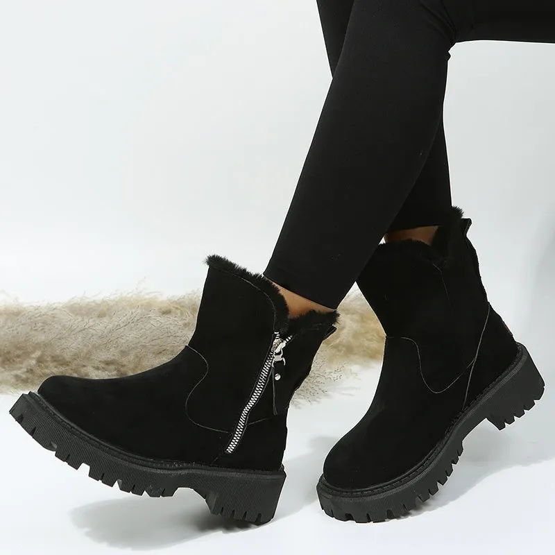 Women's black faux suede high-top snow boots with side zip and thick faux fur lining visible at the ankle.