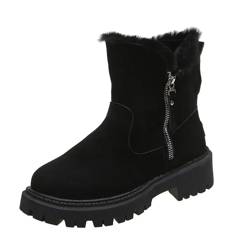 Women's black faux suede high-top snow boots with side zip and thick faux fur lining visible at the ankle.