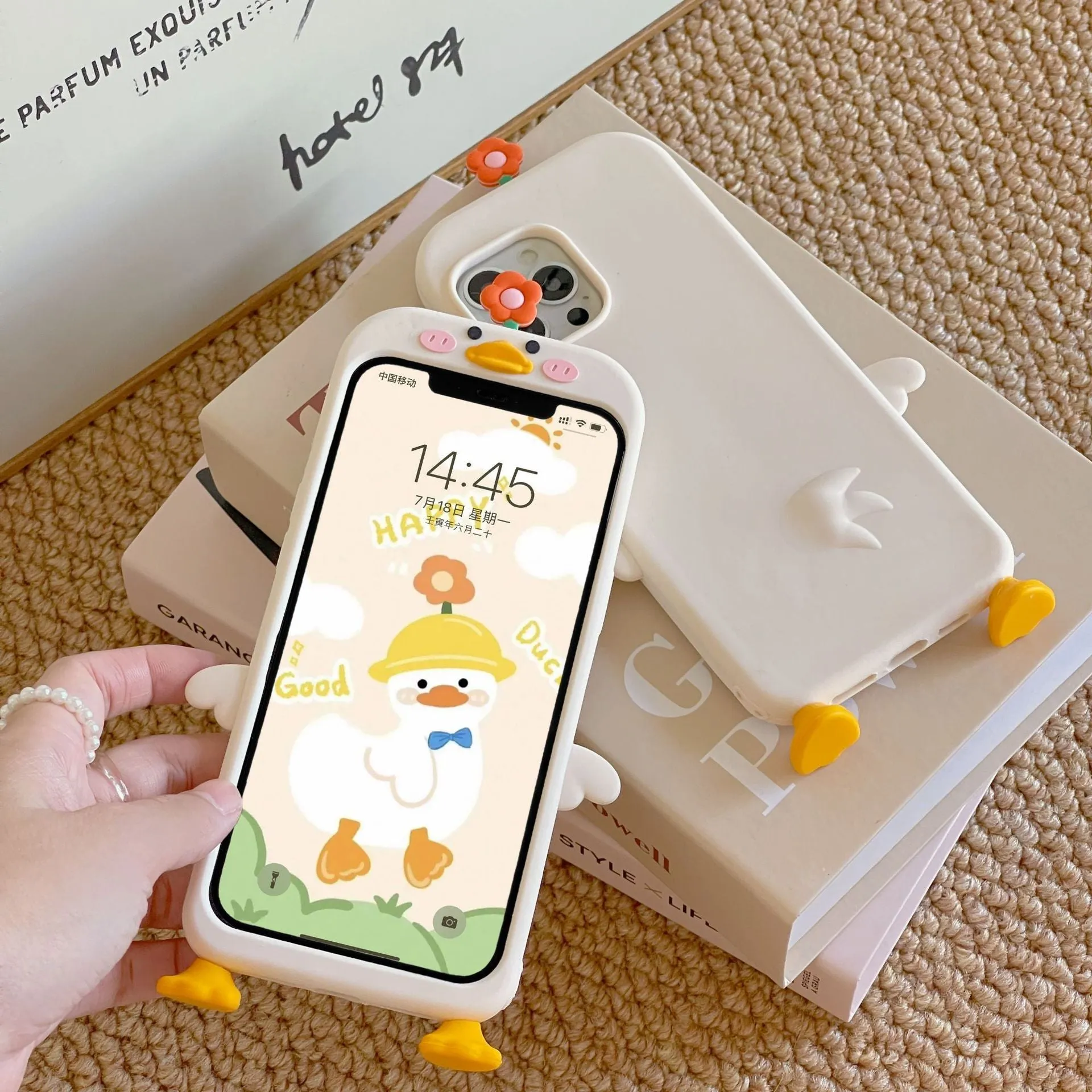 Silicone phone case with stereo flower duck design in cute duck colour for Huawei and iPhone models
