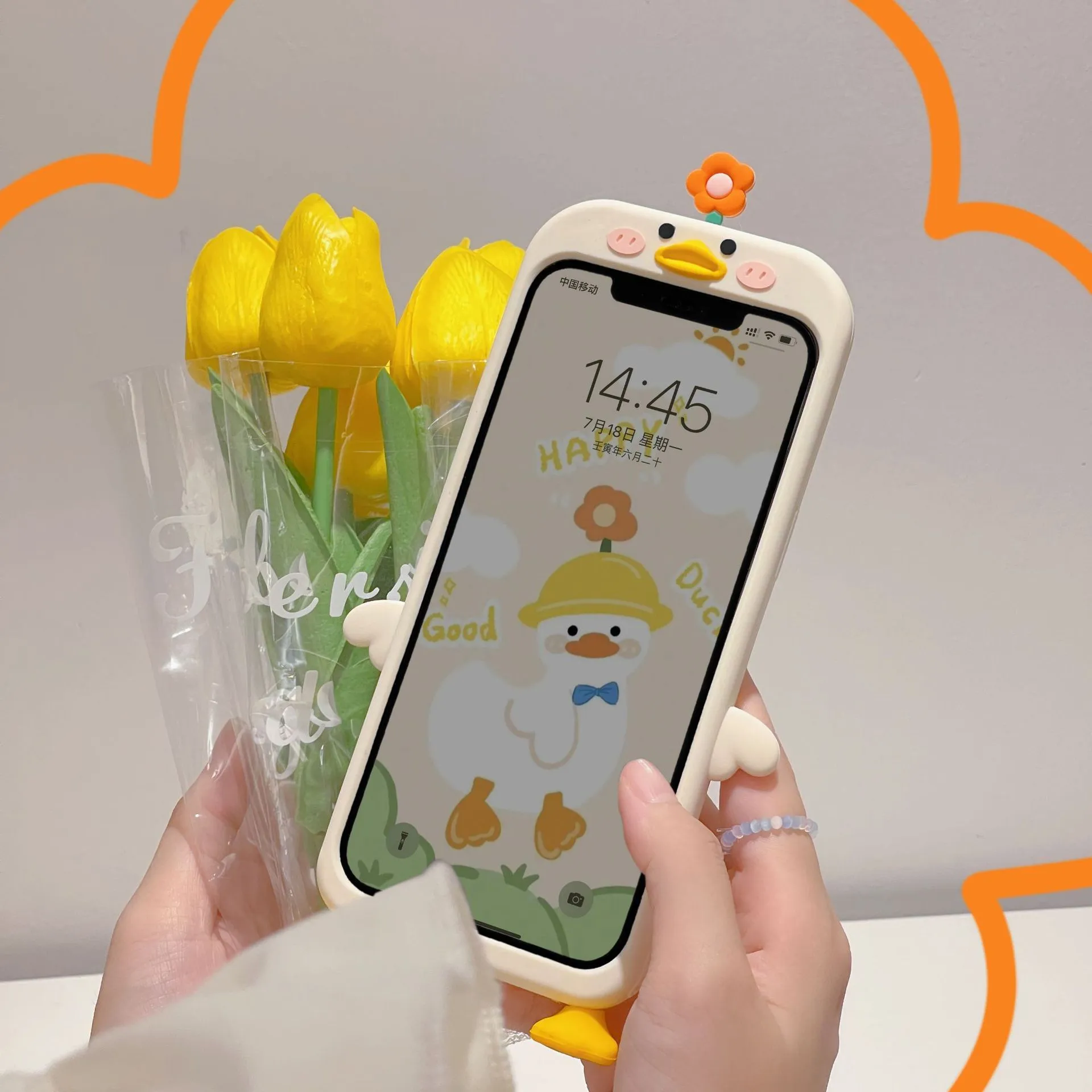 Silicone phone case with stereo flower duck design in cute duck colour for Huawei and iPhone models