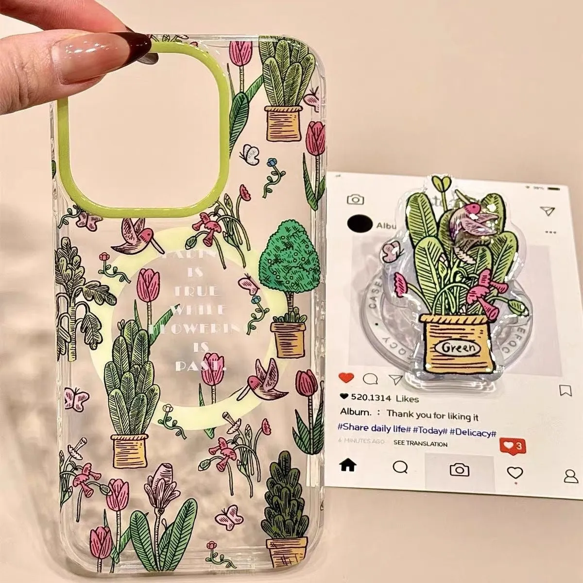 Retro oil painting jungle bird phone case with magnetic suction bracket for iPhone, frosted acrylic finish