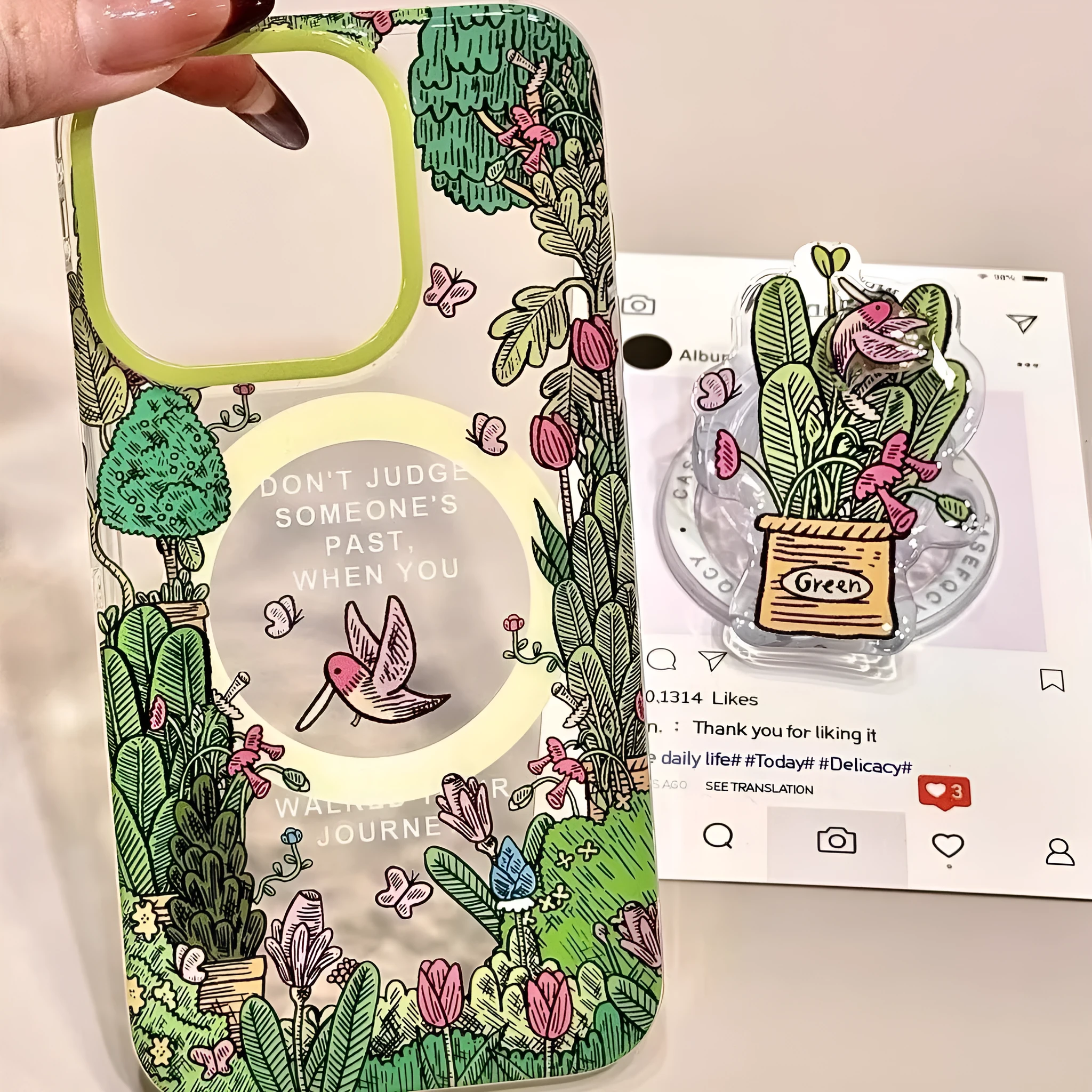 Retro oil painting jungle bird phone case with magnetic suction bracket for iPhone, frosted acrylic finish