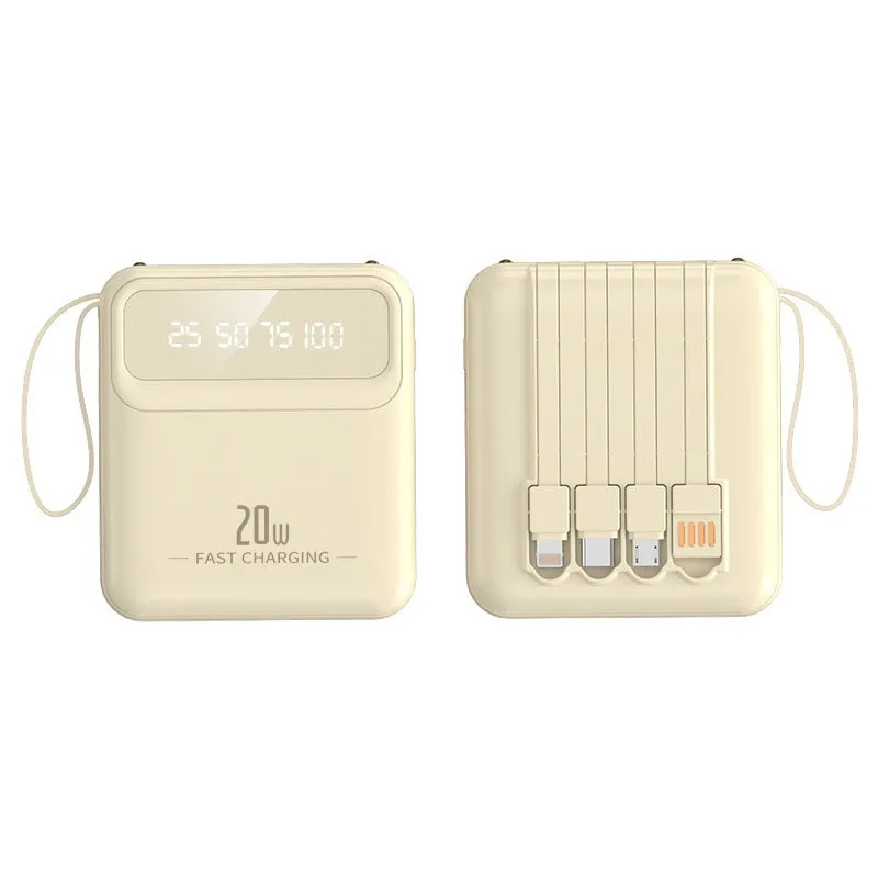 Mini power bank with four built-in cables and digital display in beige colour