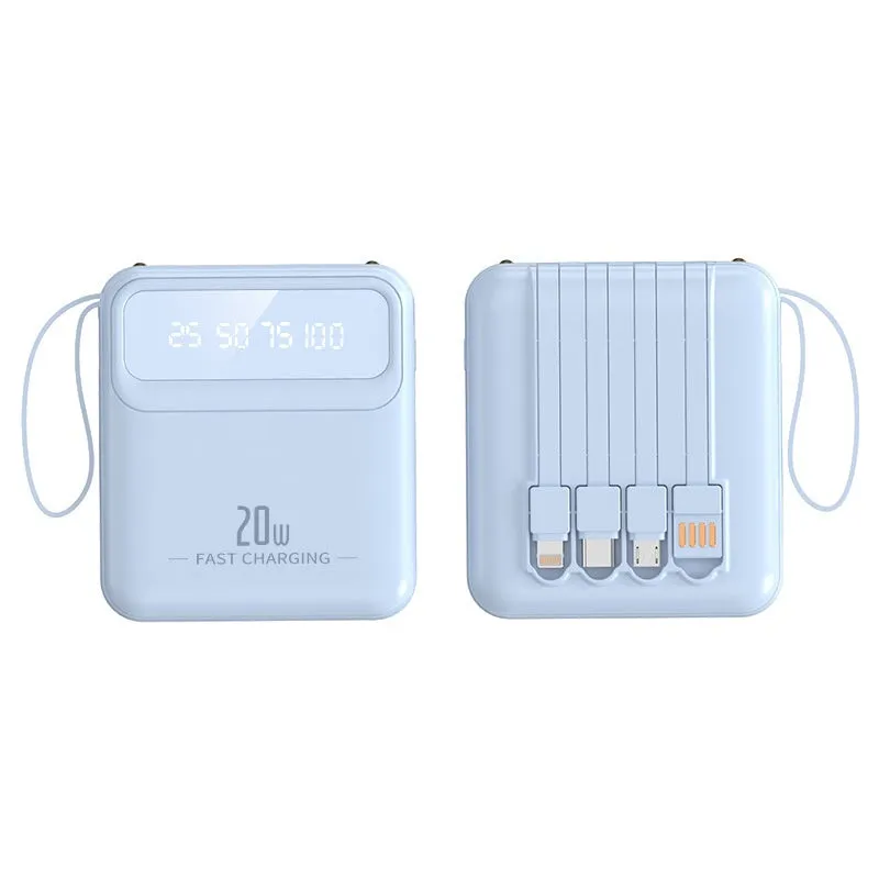 Mini power bank with four built-in cables and digital display in beige colour