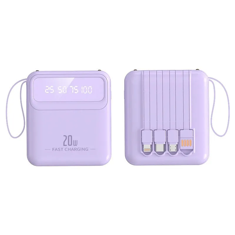 Mini power bank with four built-in cables and digital display in beige colour