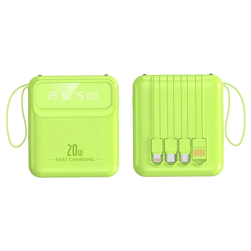 Mini power bank with four built-in cables and digital display in beige colour