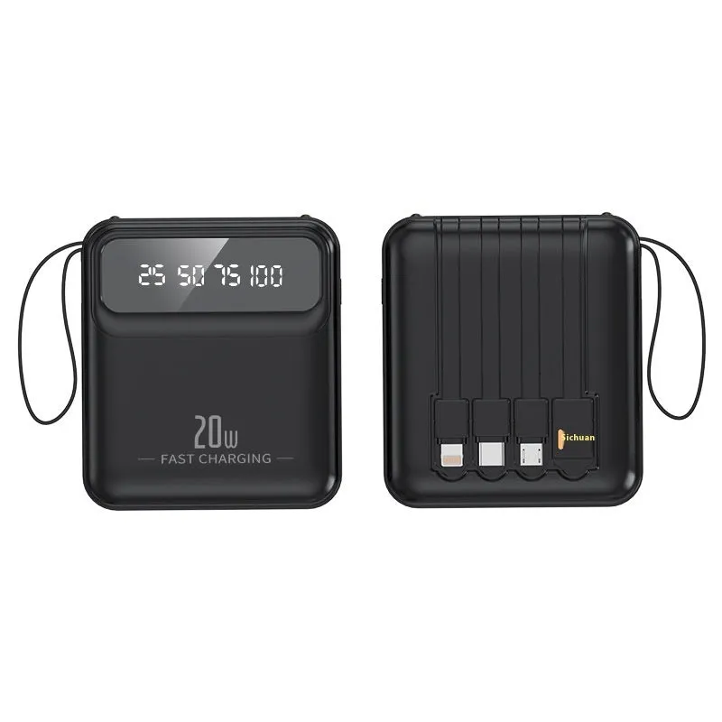 Mini power bank with four built-in cables and digital display in beige colour