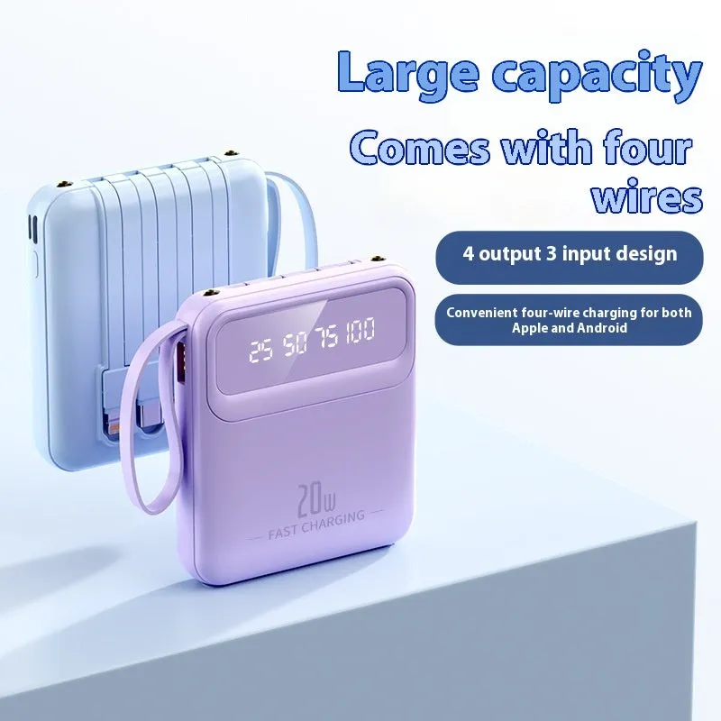 Mini power bank with four built-in cables and digital display in beige colour