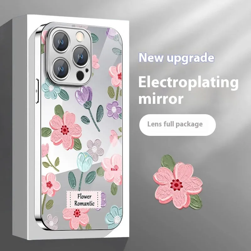 Silver grey electroplated mirror phone case with oil painting flower print on a glass back