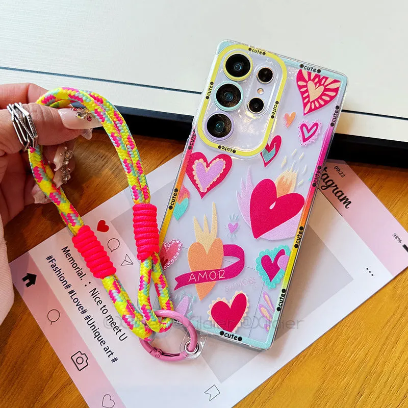 Transparent TPU phone case for Samsung with lanyard and chain