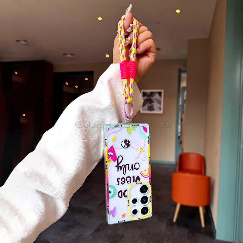 Transparent TPU phone case for Samsung with lanyard and chain