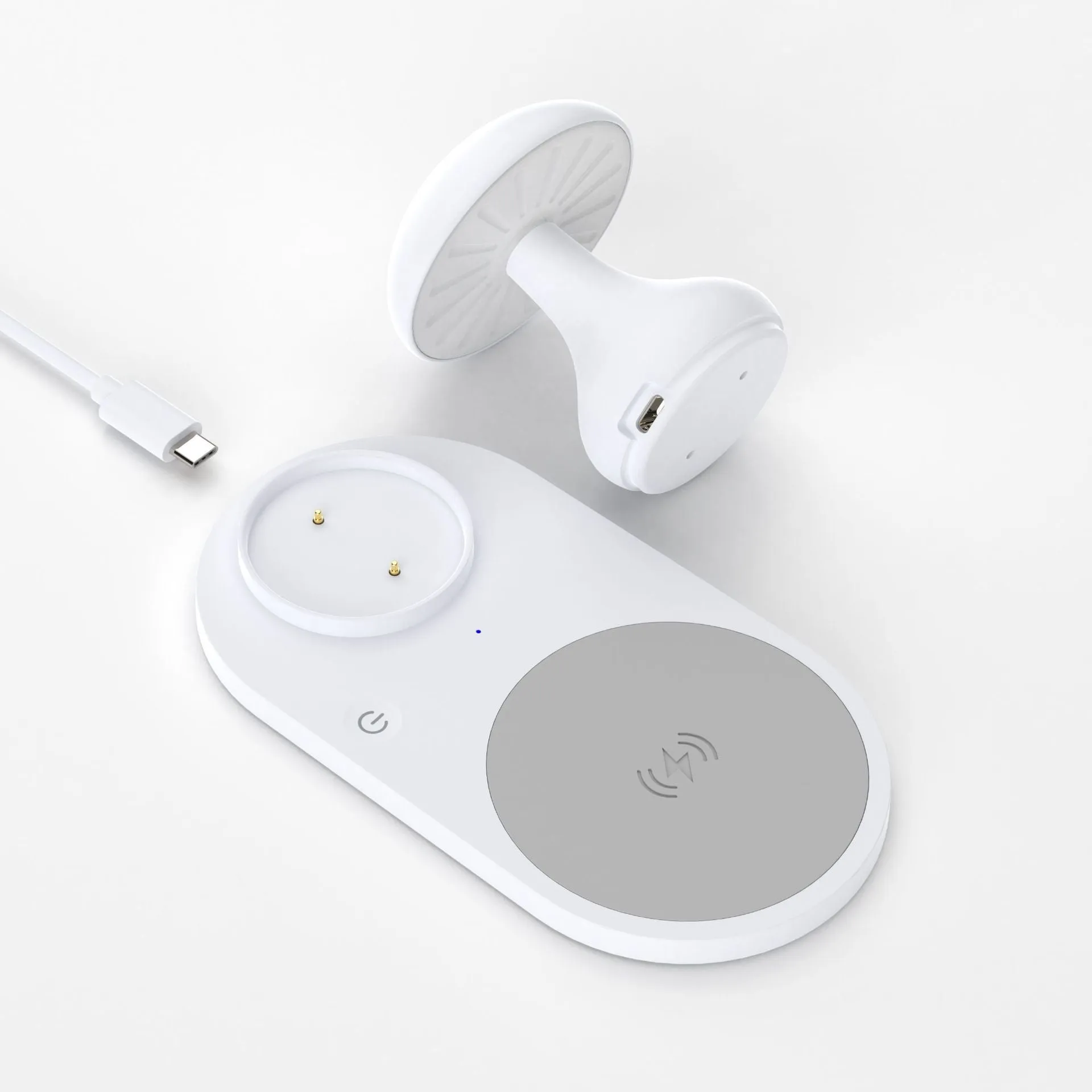 Multifunctional 10W wireless charger mushroom lamp in white ABS composite material on a desk