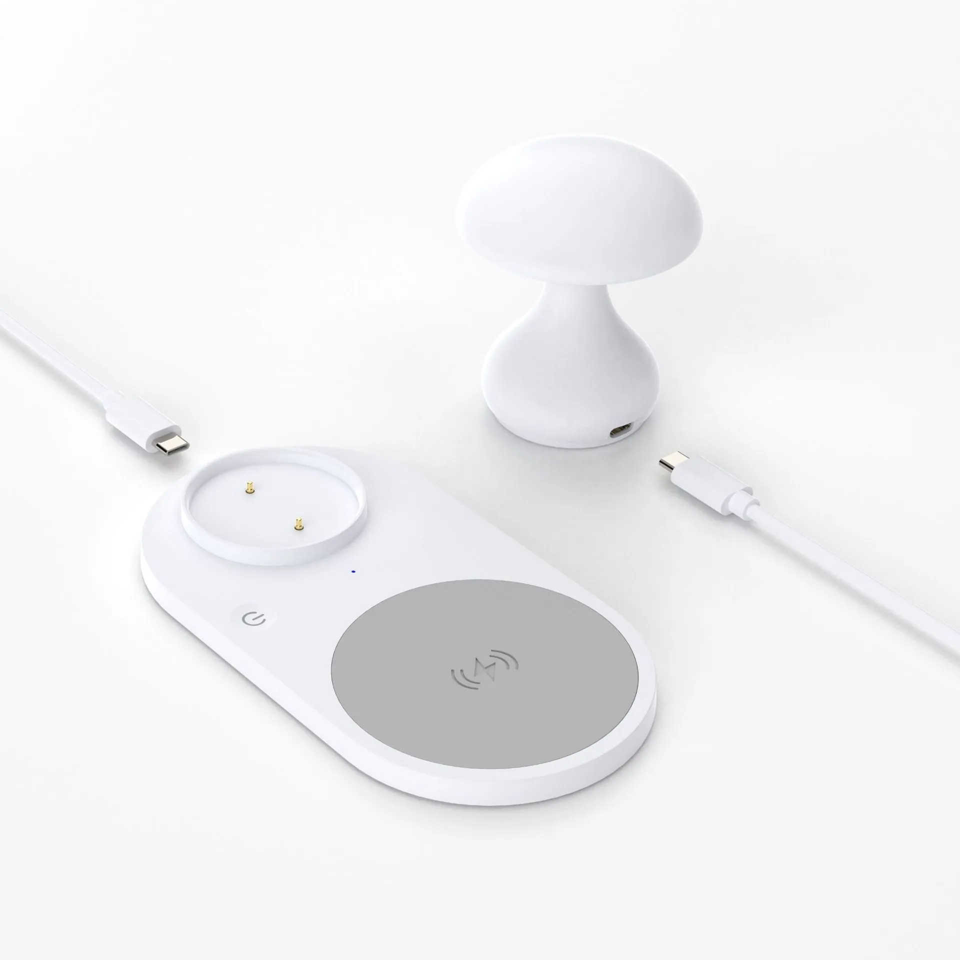 Multifunctional 10W wireless charger mushroom lamp in white ABS composite material on a desk