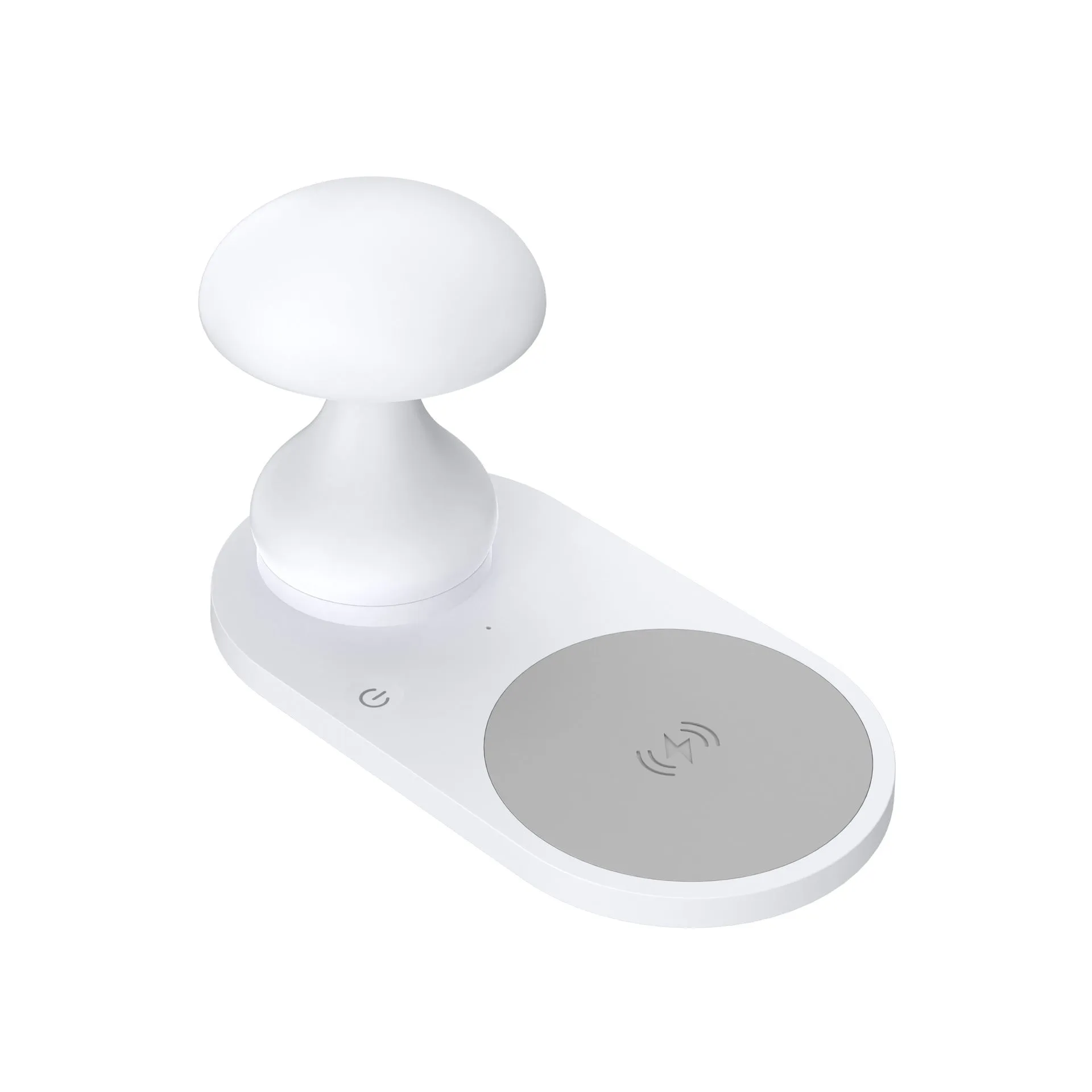 Multifunctional 10W wireless charger mushroom lamp in white ABS composite material on a desk