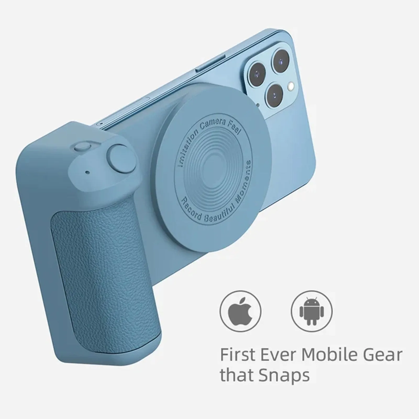 Black magnetic phone camera grip with rotatable stand and ergonomic PU leather handle on a table.