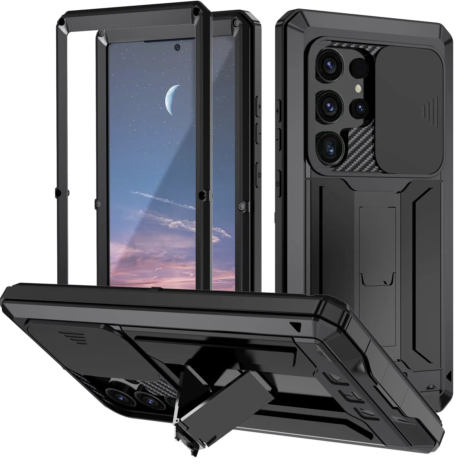 Metal phone case with invisible bracket for Samsung S25 Ultra in black showing rear camera cutout