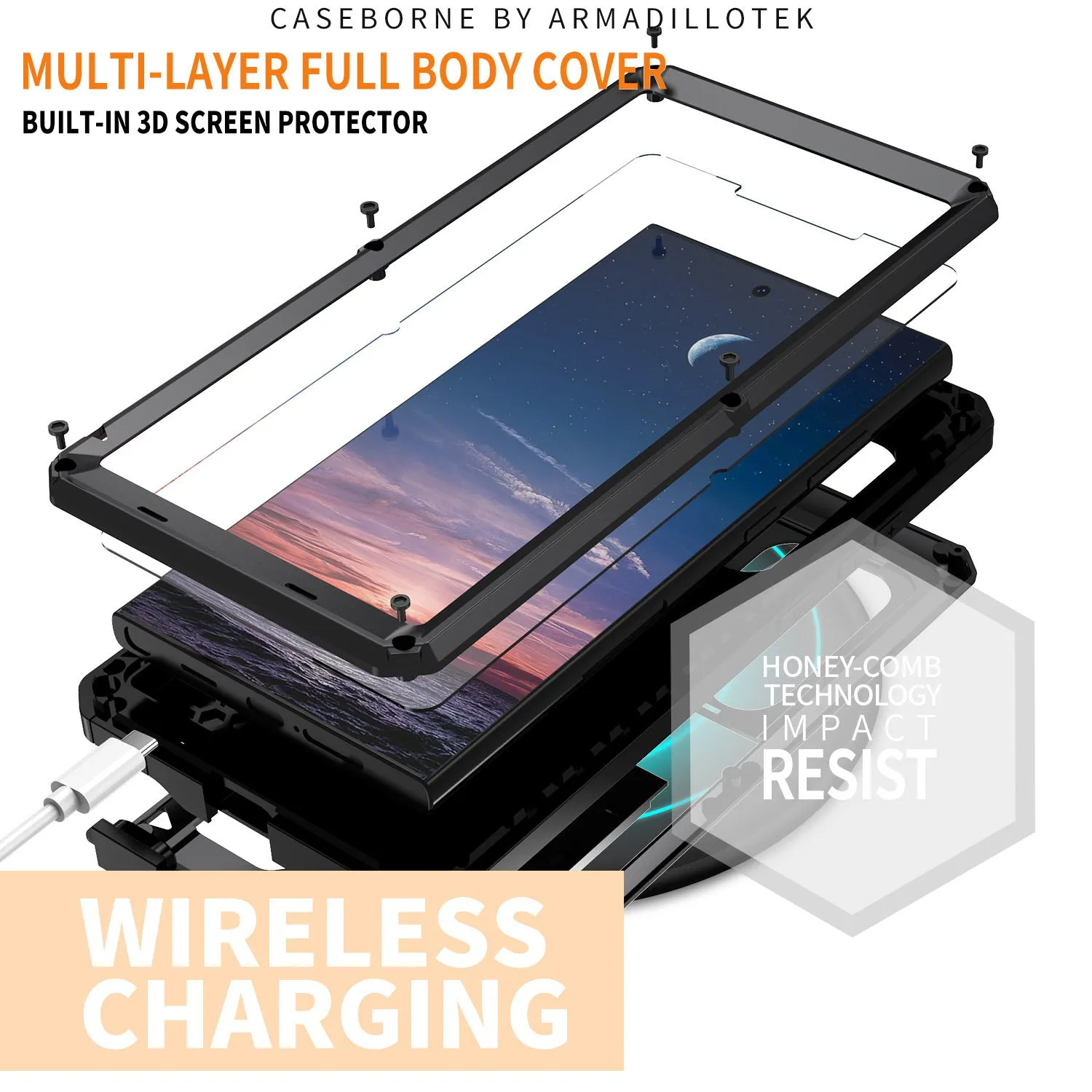Metal phone case with invisible bracket for Samsung S25 Ultra in black showing rear camera cutout