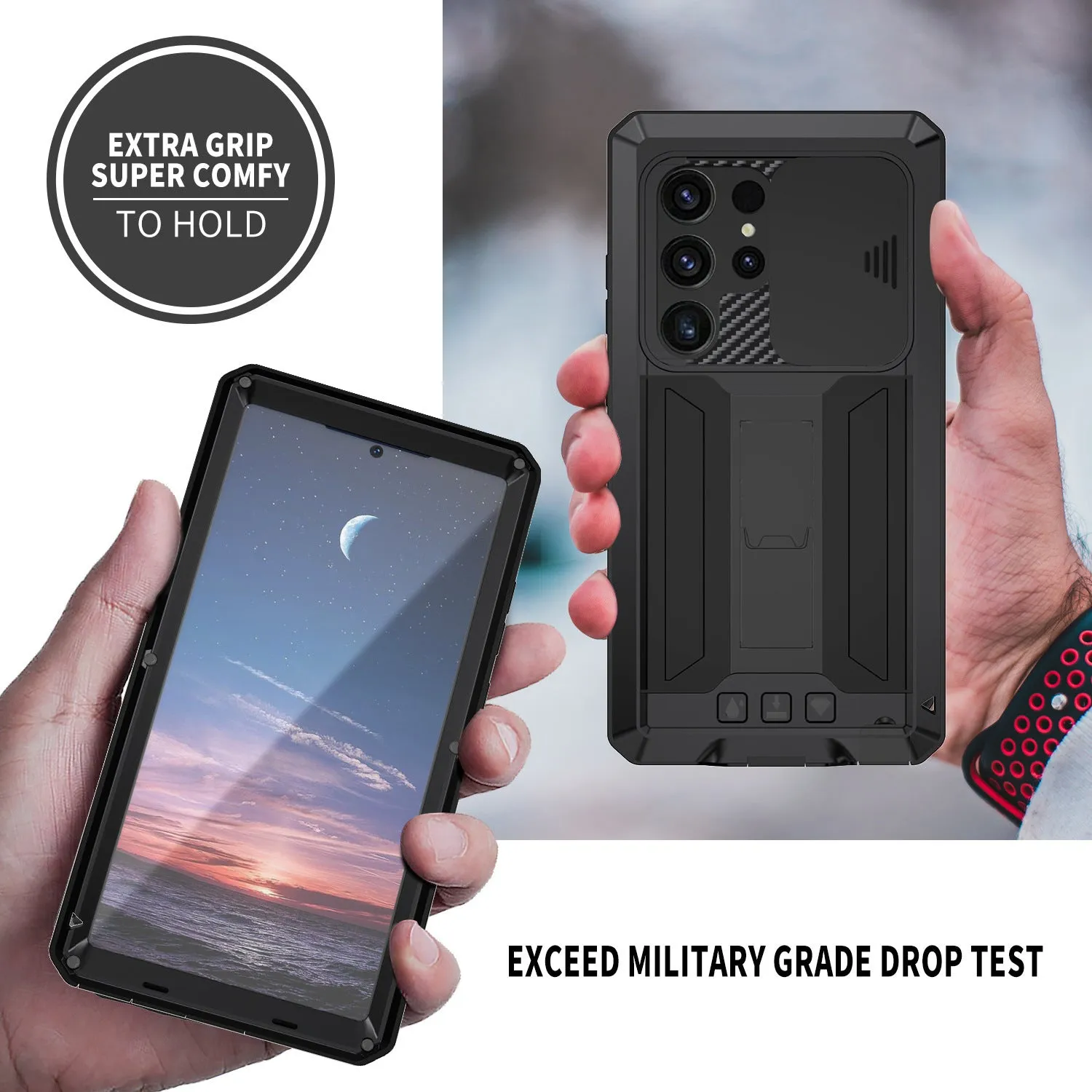 Metal phone case with invisible bracket for Samsung S25 Ultra in black showing rear camera cutout