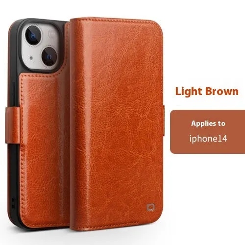 Genuine leather magnetic flip cover for iPhone 14 Pro in black with closed magnetic flap