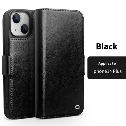 Genuine leather magnetic flip cover for iPhone 14 Pro in black with closed magnetic flap
