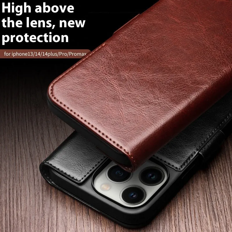 Genuine leather magnetic flip cover for iPhone 14 Pro in black with closed magnetic flap