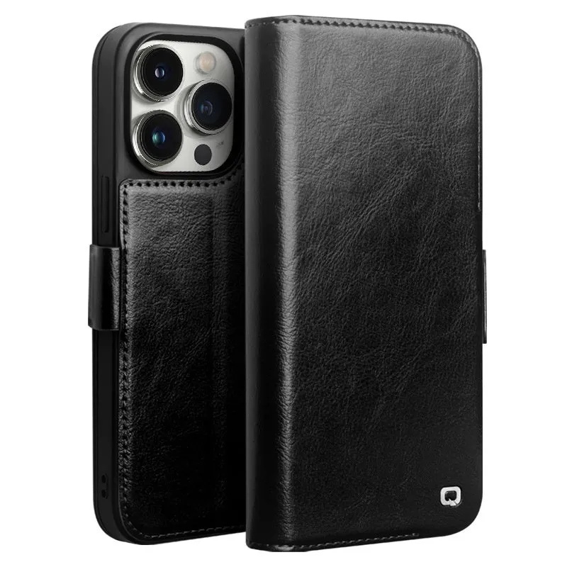 Genuine leather magnetic flip cover for iPhone 14 Pro in black with closed magnetic flap