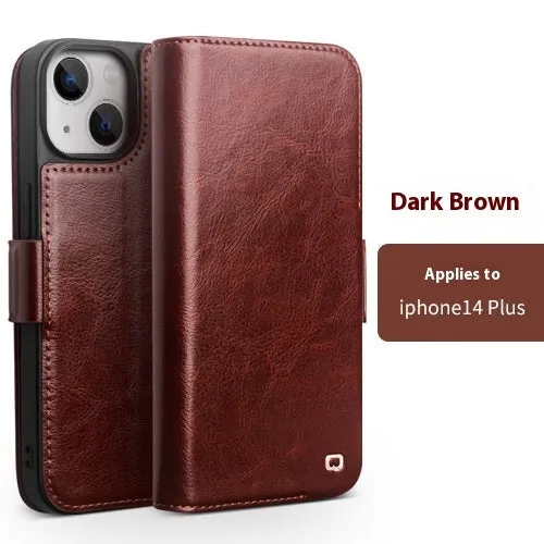Genuine leather magnetic flip cover for iPhone 14 Pro in black with closed magnetic flap