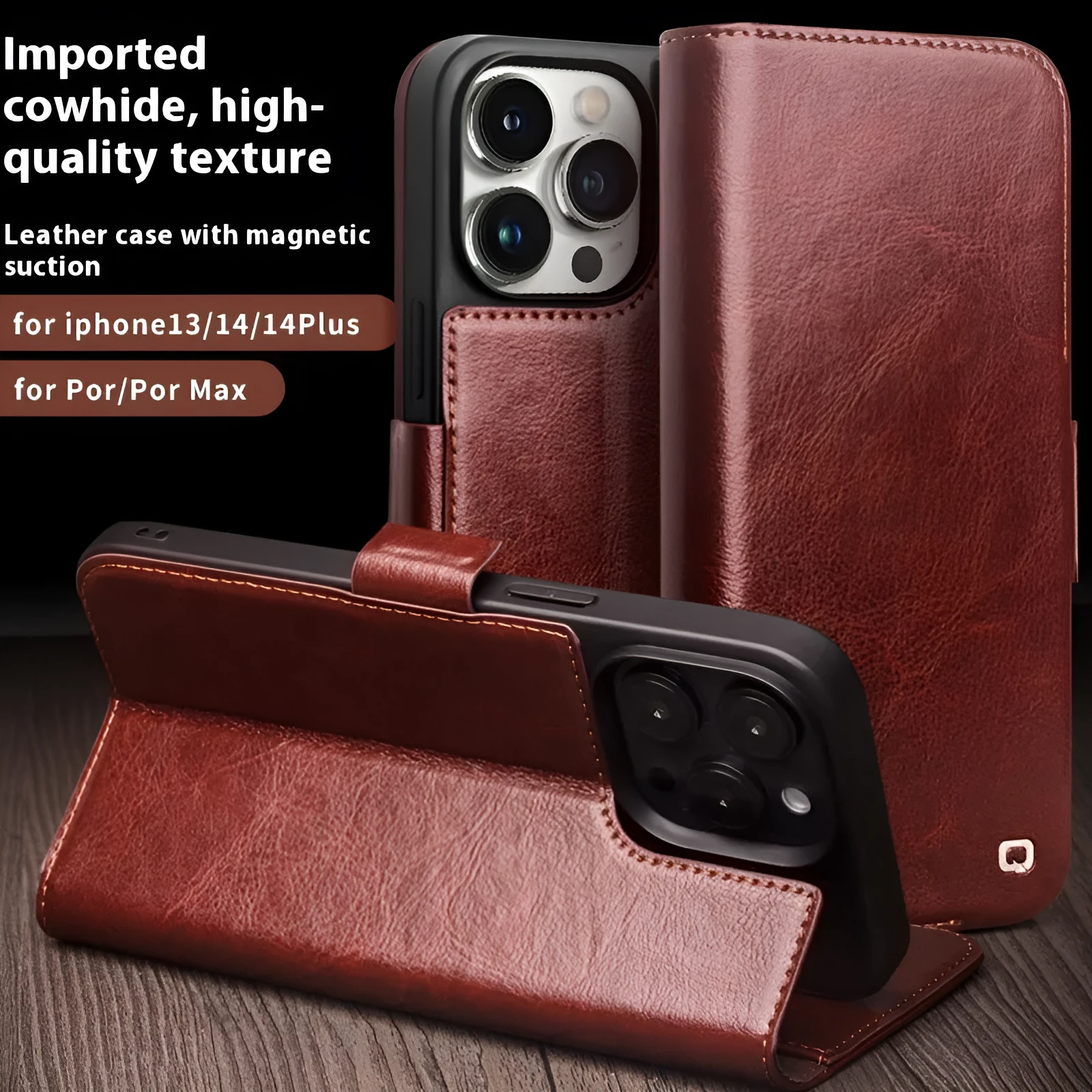 Genuine leather magnetic flip cover for iPhone 14 Pro in black with closed magnetic flap