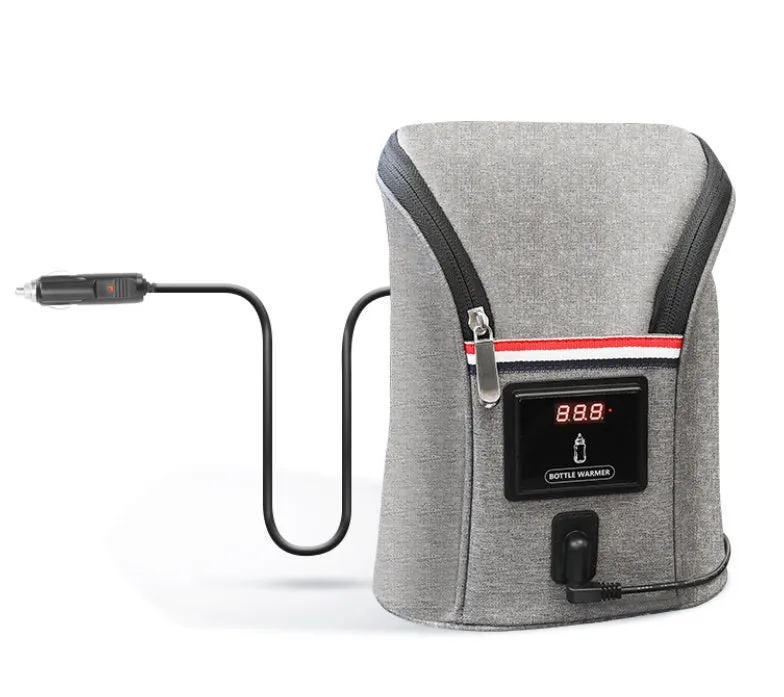 Grey Oxford cloth portable car USB baby bottle warmer with display, shown with two bottles and a 12V car charger.