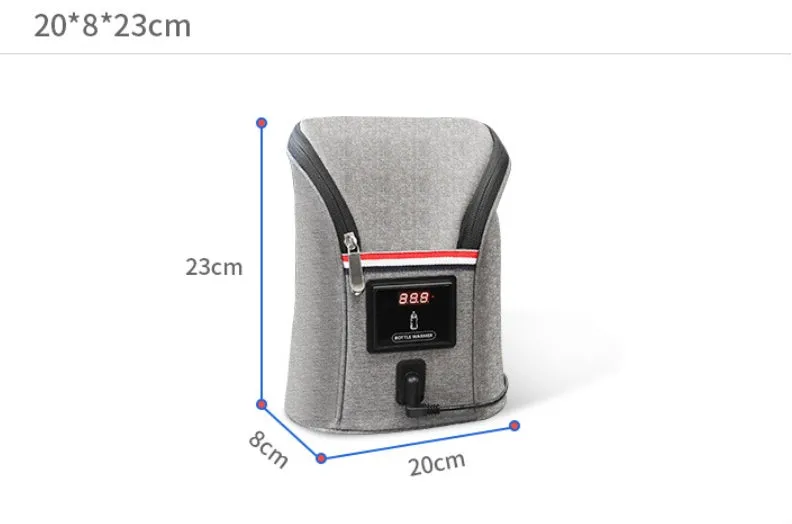Grey Oxford cloth portable car USB baby bottle warmer with display, shown with two bottles and a 12V car charger.