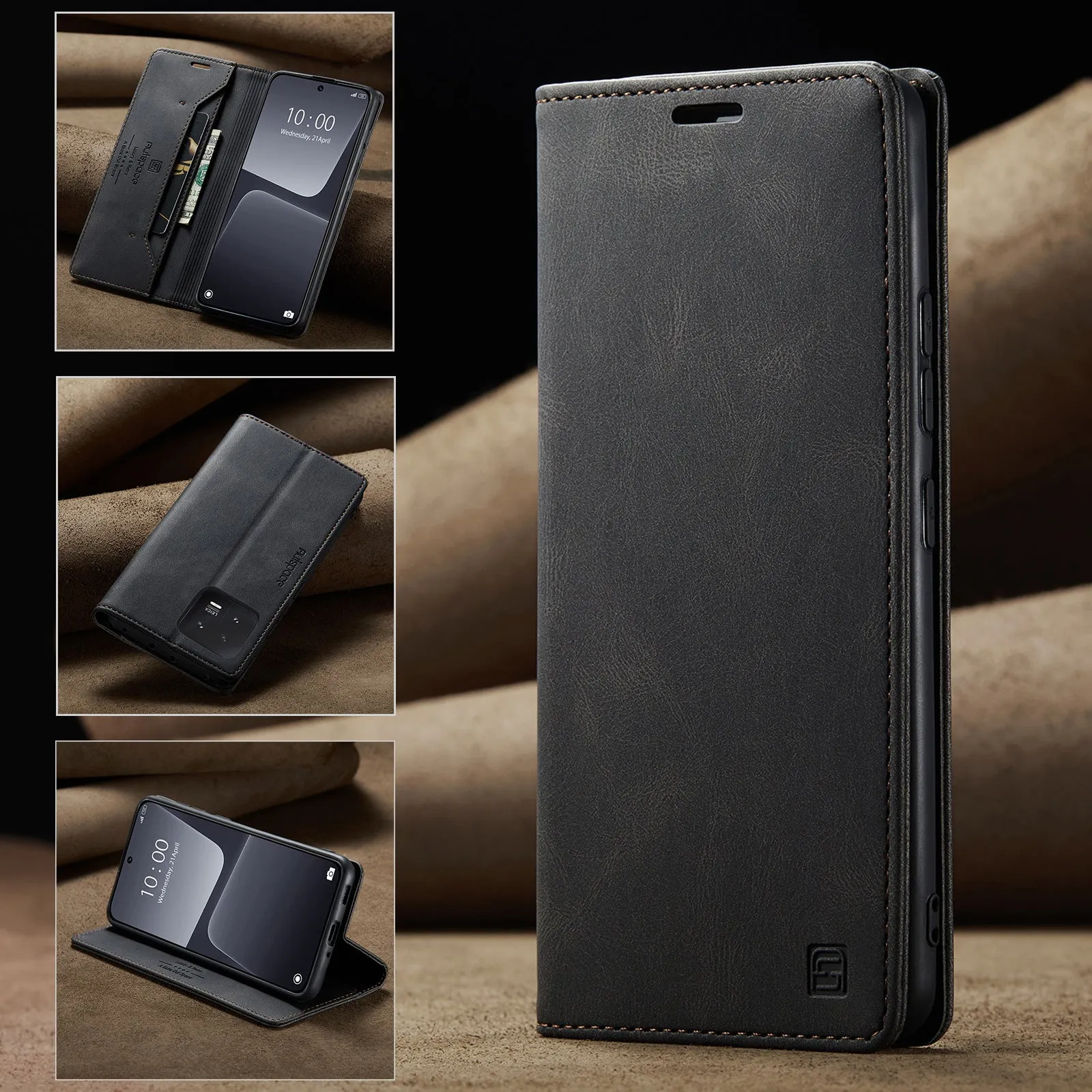 Silicone flip phone case with frosted vintage leather finish for Xiaomi 14 in black