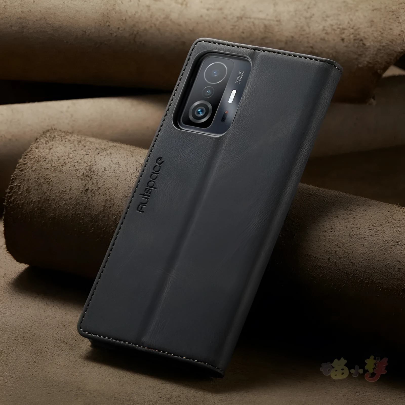 Silicone flip phone case with frosted vintage leather finish for Xiaomi 14 in black