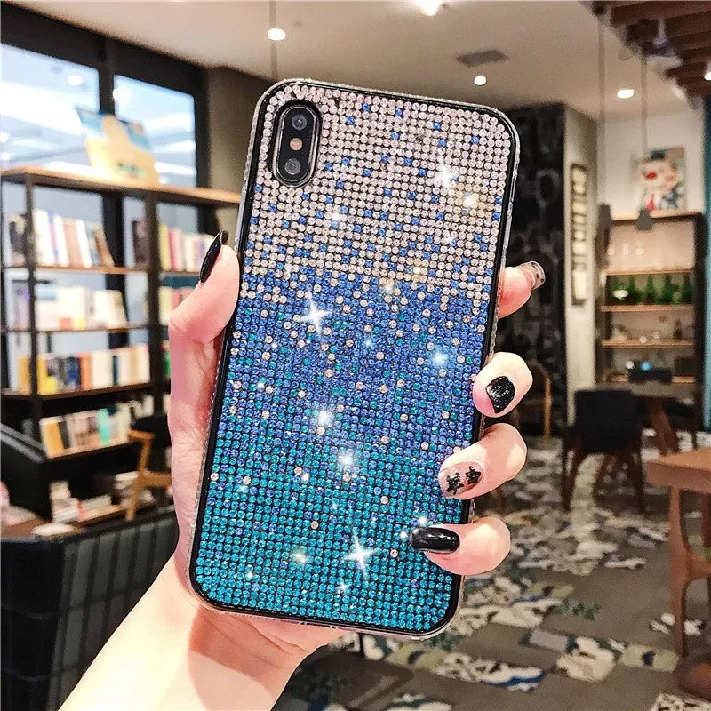 Gradient edge drill phone case for Apple iPhone with rhinestone accents and TPU PC construction