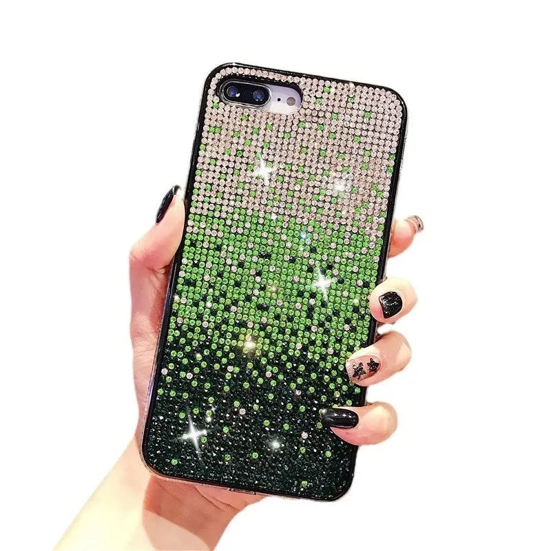 Gradient edge drill phone case for Apple iPhone with rhinestone accents and TPU PC construction