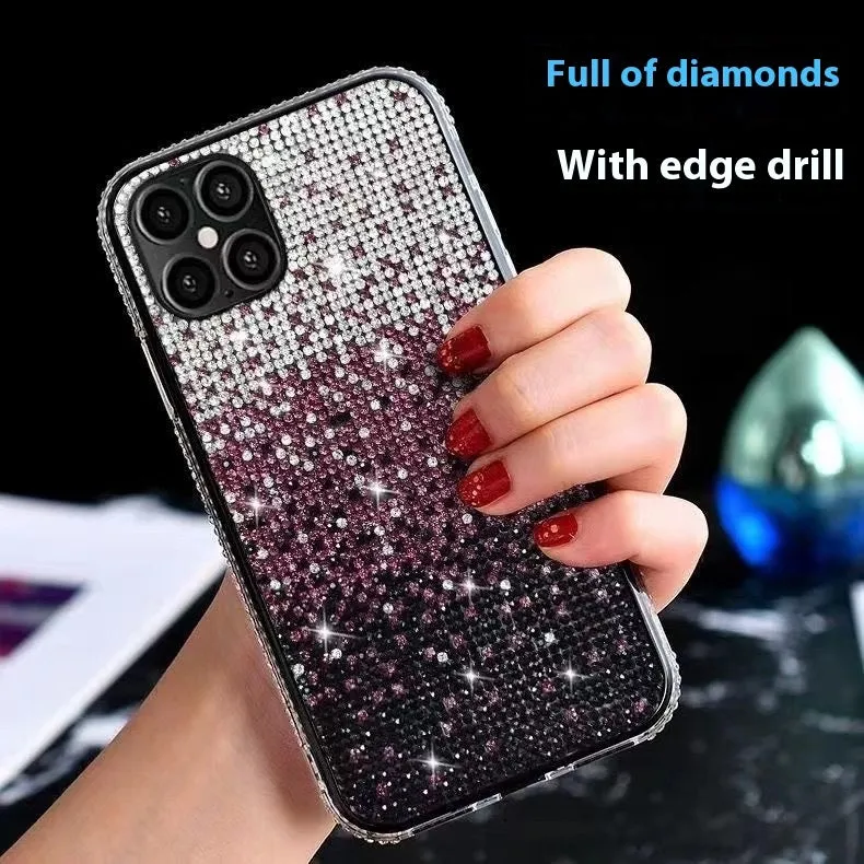 Gradient edge drill phone case for Apple iPhone with rhinestone accents and TPU PC construction